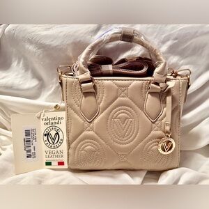 Valentino Orlandi Taupe Quilted Vegan Leather Satchel with Gold Accent